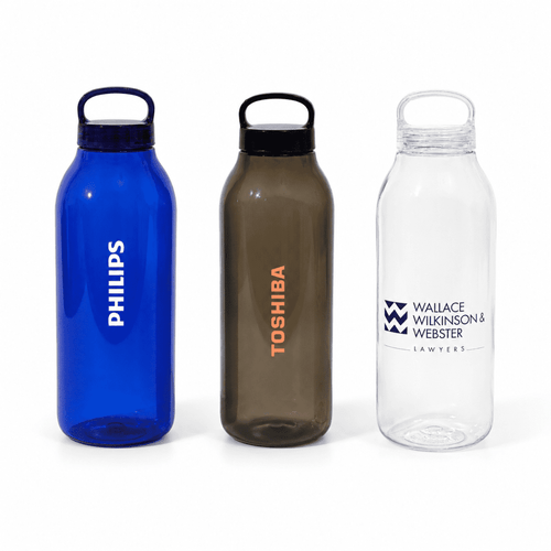 A drink bottle trio featuring a blue, brown, and clear design, each with a logo.