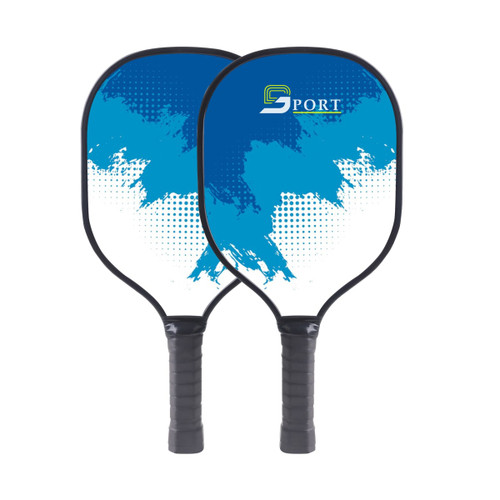 A wooden pickleball set featuring two paddles with a blue and white design and textured black grips.