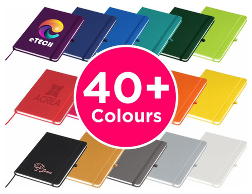 A range of A5 notebooks in various colours, with some featuring logos and branding elements.
