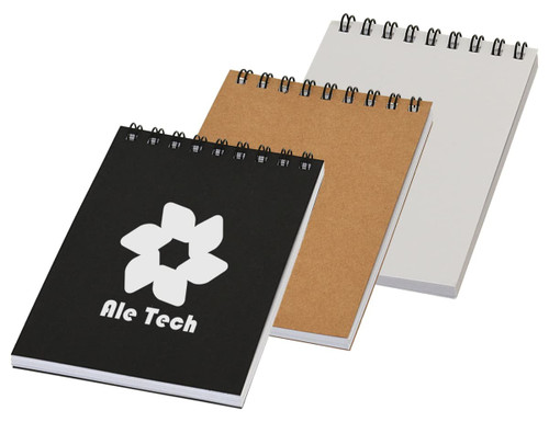 A pocket spiral notebook set featuring black, kraft, and white covers, with a logo on the black notebook.