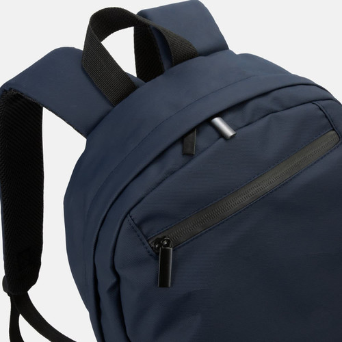 A navy blue backpack with padded shoulder straps and a front zip pocket, featuring a logo on the front.