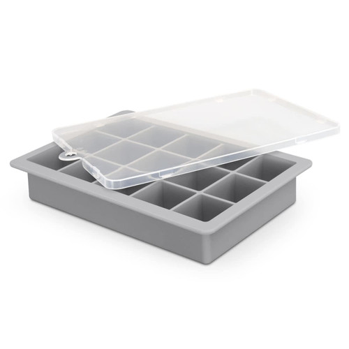 A grey ice tray with a clear lid featuring nine sections for ice cubes.