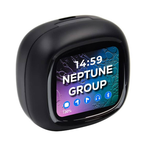 A pair of black earbuds with a smart LCD touchscreen displaying icons and time. The device has a sleek, rounded design.