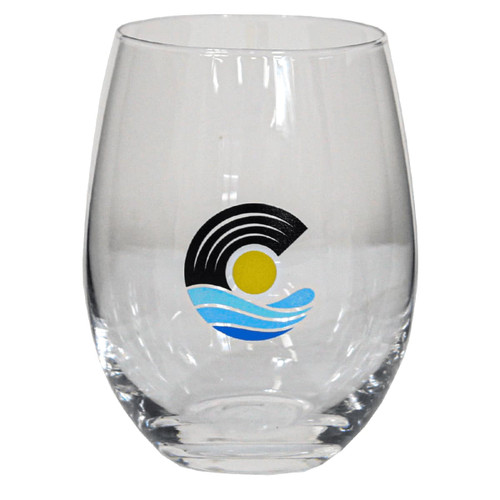 A stemless wine glass with a clear design featuring blue waves and a sun logo in black and yellow.
