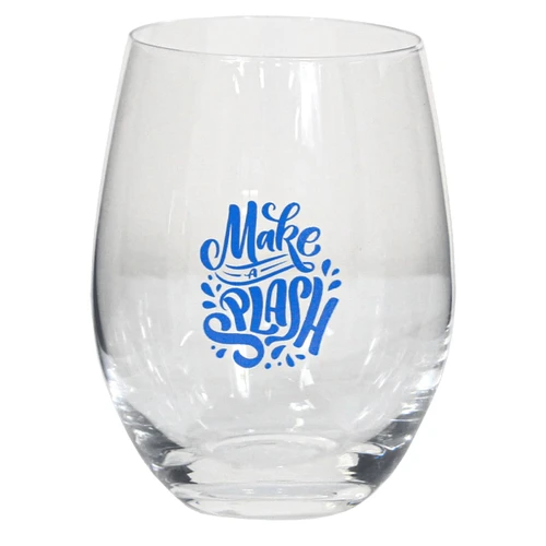 A stemless wine glass with a clear design and a blue printed slogan, featuring a logo.