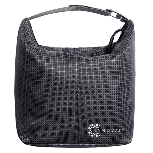 A black cooler bag with a structured shape and a logo, featuring a top handle for easy carrying.