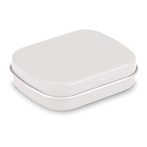 A rectangular mint tin in a sleek white finish with rounded edges. The tin has a lid and features branding.