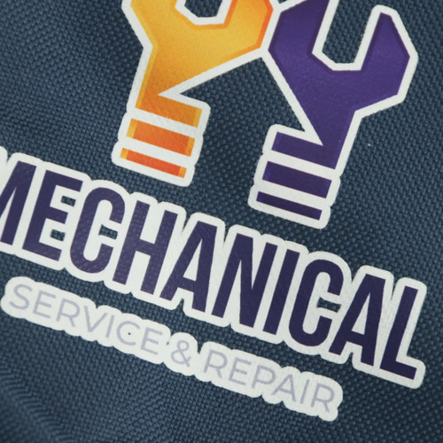 A navy tool kit bag featuring a logo with orange and purple elements.