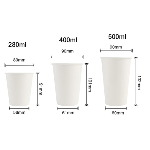 Three white disposable paper cups of different sizes: 280ml, 400ml, and 500ml, each with measurements indicated.