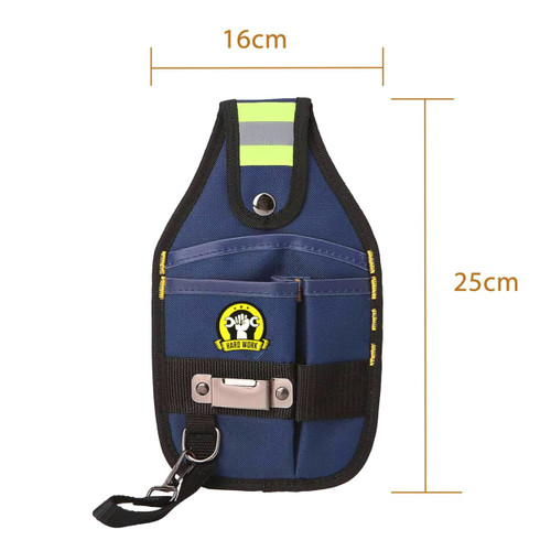 A navy blue portable tool waist pouch with multiple pockets and a logo, featuring reflective stripes for visibility.
