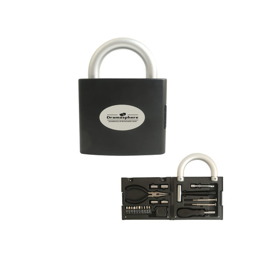 A padlock-shaped toolkit in black and silver, featuring various tools and a logo on the front.