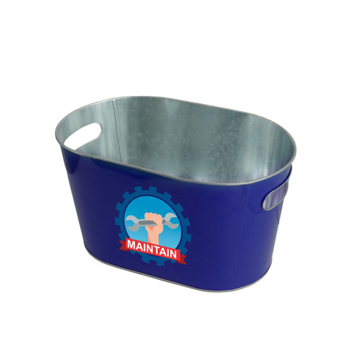 An oval ice bucket in blue with metal interior and two handles, featuring a logo on the side.