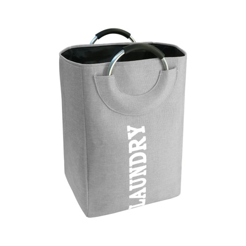 A grey laundry basket with a handle, featuring the word "LAUNDRY" printed on one side.