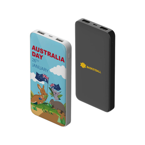 A power bank featuring a full colour print of kangaroos and Australian flags, with a black reverse side and logos.