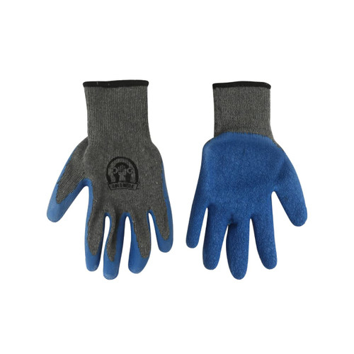 Latex dipped gloves in grey and blue, featuring a textured grip and a logo on one glove.