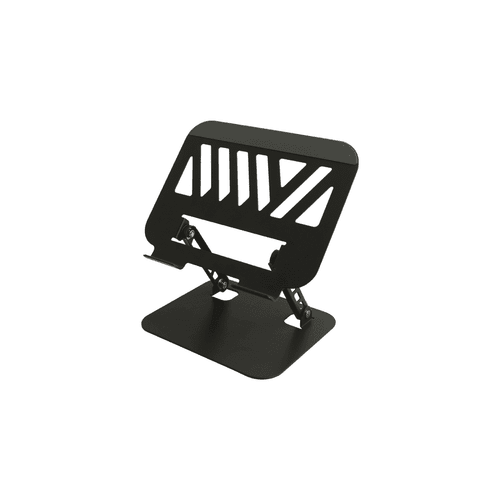A foldable metal laptop stand in black, featuring a modern design with ventilation cutouts for airflow.