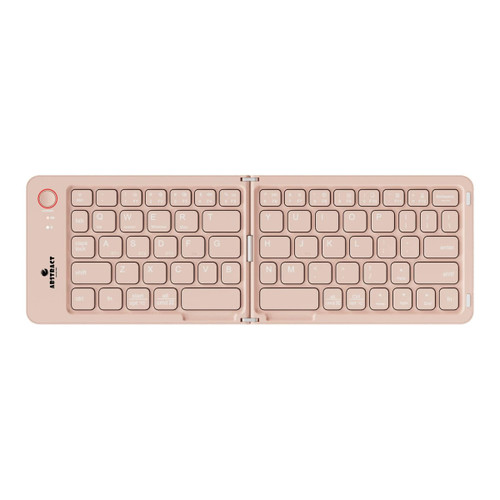 A wireless foldable keyboard in a light pink colour with a compact design and a logo on the side.
