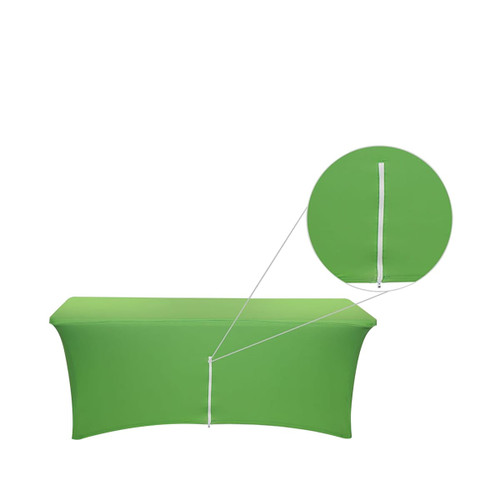 A green stretch table cover with a zipper feature, designed for a 6ft table. It includes a branding logo.