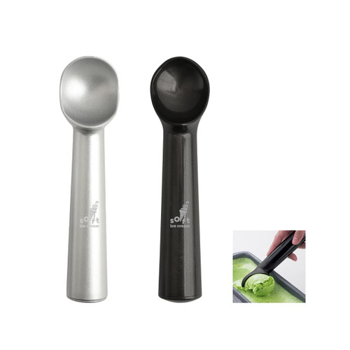 Two ice cream scoops are displayed, one silver and one black, featuring a logo on the handle.