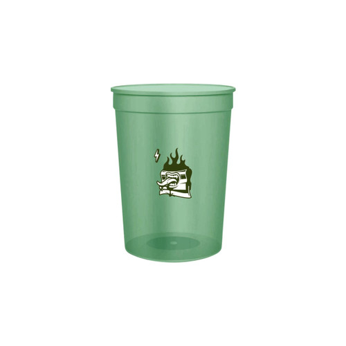 A translucent green plastic stadium cup with a logo on the front.