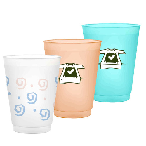 Three frosted plastic stadium cups in white, peach, and turquoise, featuring various designs and a logo.
