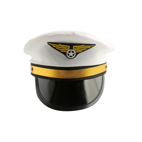 A white pilot cap with a black visor and gold detailing, featuring a badge with wings on the front.