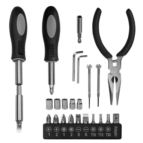 A 22 in 1 hand tool set featuring black and silver screwdrivers, pliers, various bits, and a socket adapter.
