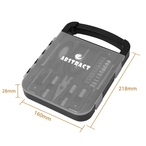 A 22 in 1 hand tool set in a black and transparent case with a handle, featuring various tools and attachments.