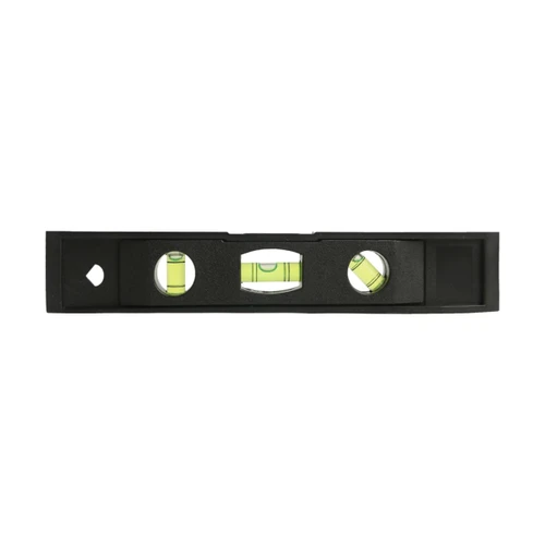 A black magnetic torpedo level featuring three vials with yellow fluid for measuring horizontal and vertical alignment.