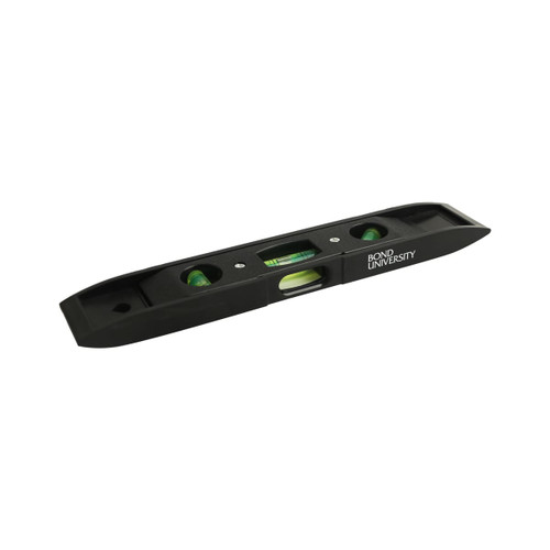 A black magnetic torpedo level featuring two vials for measuring horizontal and vertical alignment, with branding present.
