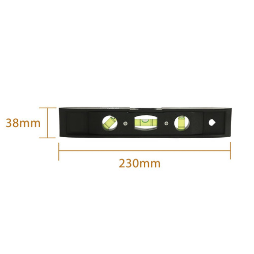 A black magnetic torpedo level with three bubble vials, measuring 230mm in length and 38mm in height.