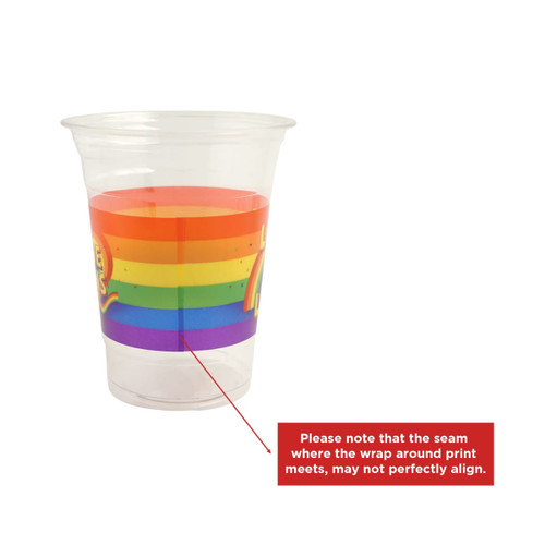 A clear plastic cup with a vibrant rainbow design. It features a logo and holds 473ml of liquid.