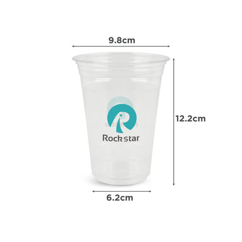 A clear plastic cup, 473ml in size, with a logo, featuring a smooth surface and round shape.