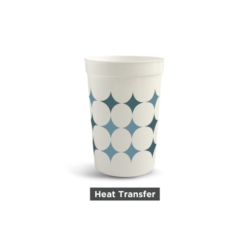 A 650ml plastic stadium cup in white with a geometric pattern in shades of blue. Features a logo.