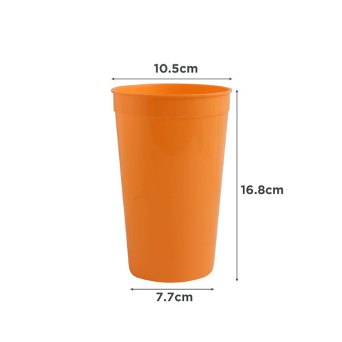 An orange plastic stadium cup, measuring 16.8cm in height and 10.5cm in diameter, featuring a branding logo.
