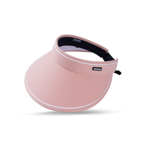 A pink wide brim sun visor hat with a black adjustable strap and a logo on the side.