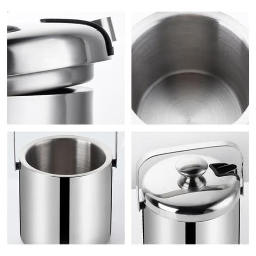 A stainless steel ice bucket with a lid and tongs, featuring a sleek, polished finish and a functional design.