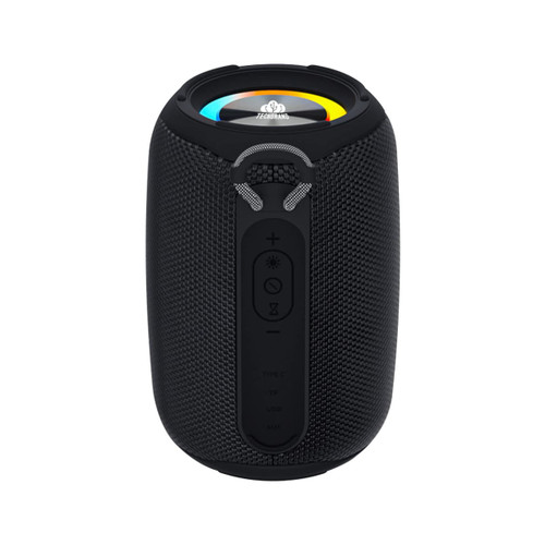 A black outdoor waterproof Bluetooth speaker with control buttons and LED light features.