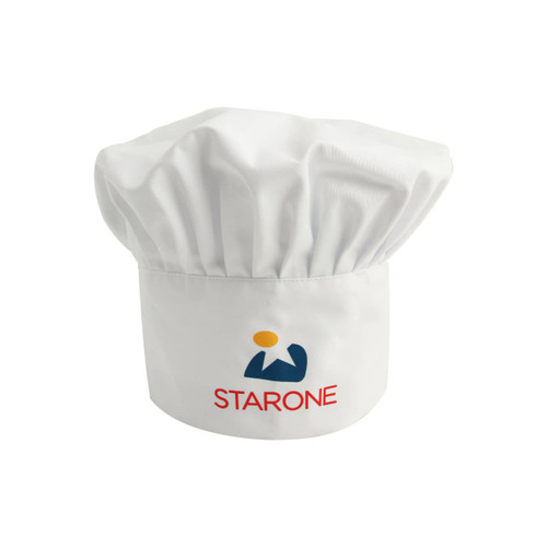 A white adult chef hat featuring a logo on the front. The hat has a classic, pleated design.
