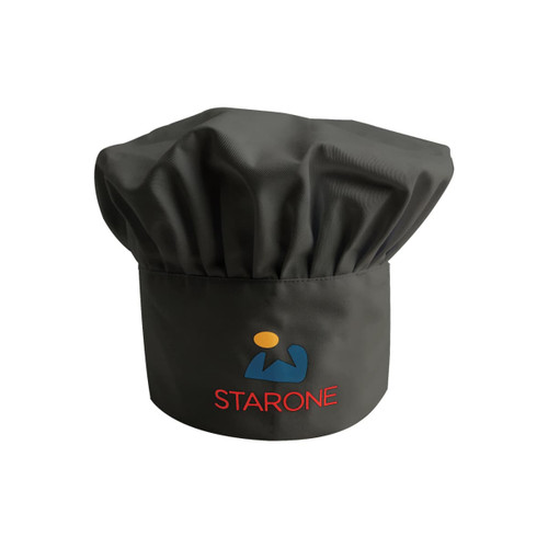 A dark green adult chef hat with a gathered top and a logo on the front.