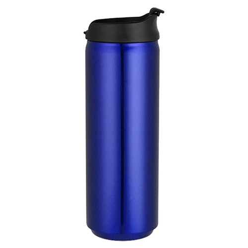 A drink bottle in a sleek blue finish with a black cap and a simple design. It features a logo.