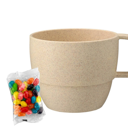 A drink cup in a natural beige colour, accompanied by a pack of colourful jelly beans, featuring a logo.