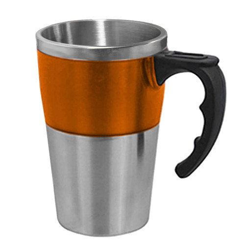 A travel mug featuring an orange upper section and a stainless steel lower section, with a black handle and branding.