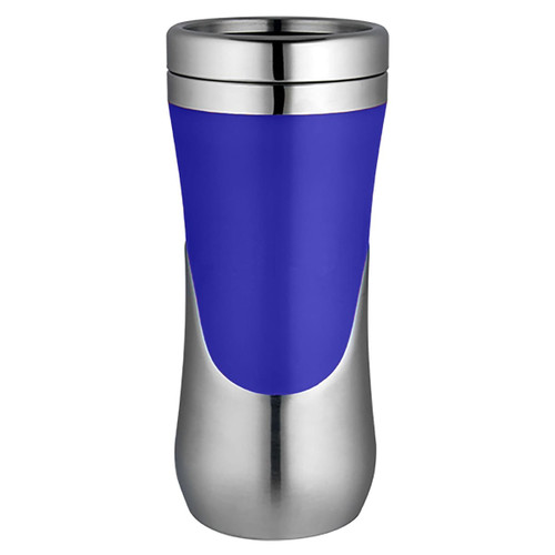 A travel mug featuring a blue body with a stainless steel base and rim, complemented by a sleek design and logo.