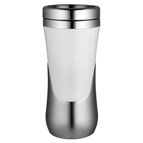 A travel mug with a sleek design, featuring a white body and silver stainless steel accents. It has a logo.