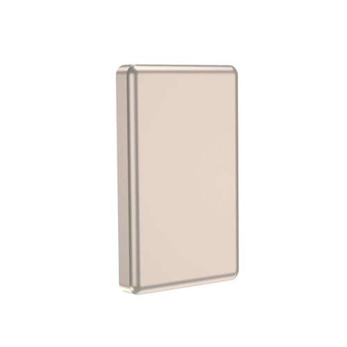 A sleek aluminium power bank in a neutral colour, featuring a compact design and a logo on its surface.