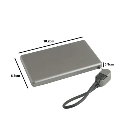 A grey 5000mAh aluminum power bank with a detachable charging cable and a logo. Dimensions are indicated.