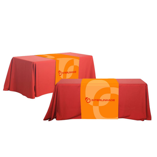 Medium table runner in bright red with a prominent logo design in the centre.