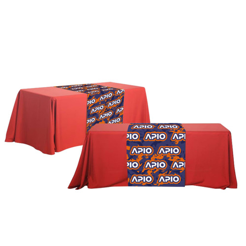 A red table runner with a central section featuring a logo on a blue background.