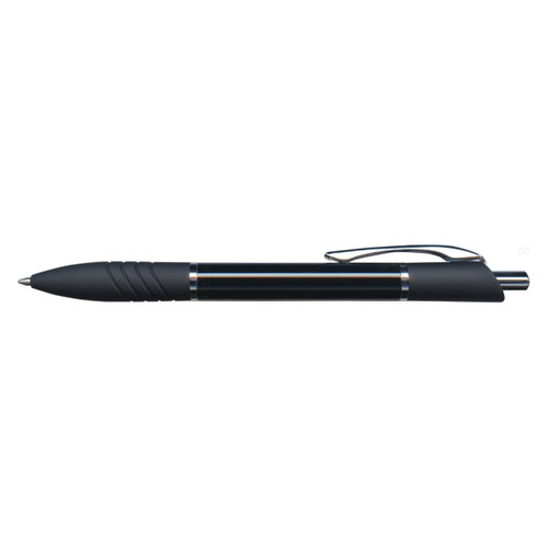 A metal pen in black featuring a sleek design, grip detailing, and silver accents, plus a logo on the body.